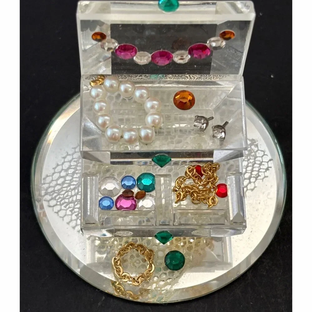 Collectable Crystal Jewelry Box Figurine Mirror Base Miniature Vanity Colorful